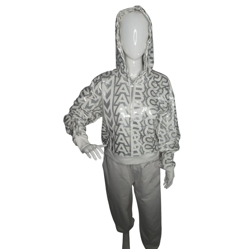 Marc Jacobs Women's Monogram Cropped Hoodie and Pants 2 PC Set Silver White Size